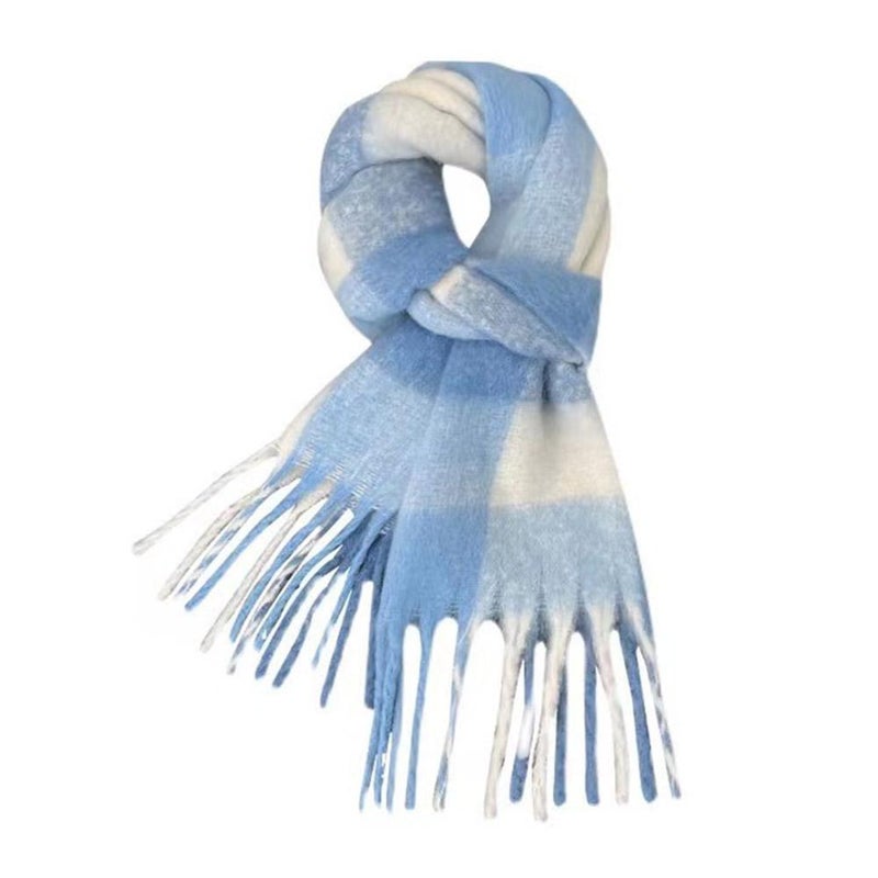 Korean style blue and white checkered mohair women's scarf, versatile for autumn and winter, soft, warm, and thickened imitation cashmere neck warmer.